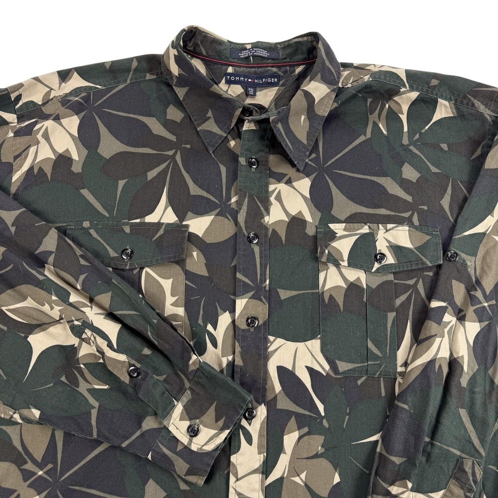 Tommy Hilfiger Mens 2XL Green Floral Camouflage Tropical Button Up Shirt XXL